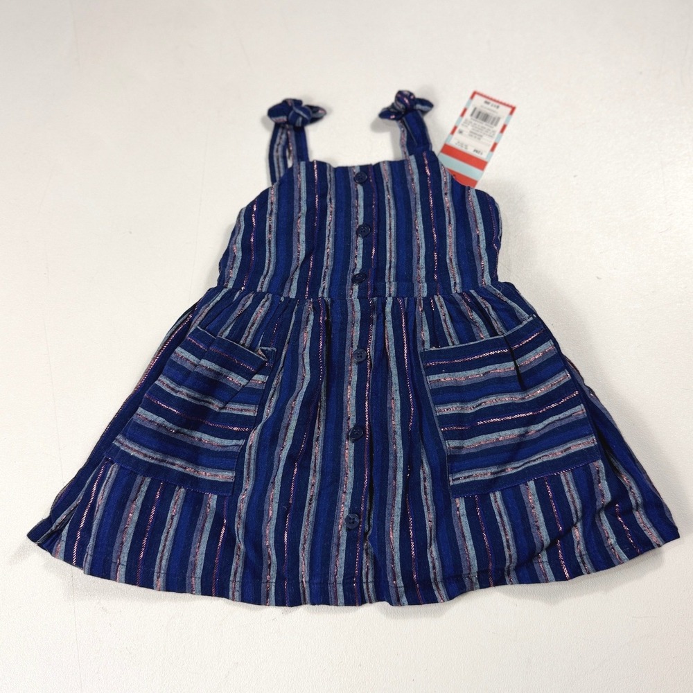 Cat & Jack Baby Girl Navy Blue Striped Metallic Lurex Pinafore Dress 12M NWT